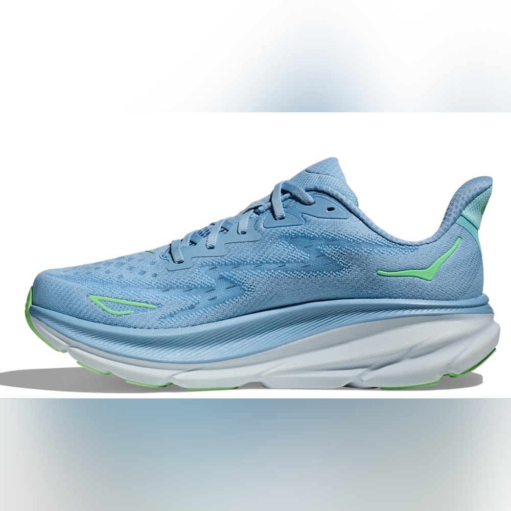 Hoka Clifton 9 Sky Blue and Lime Athletic Shoes